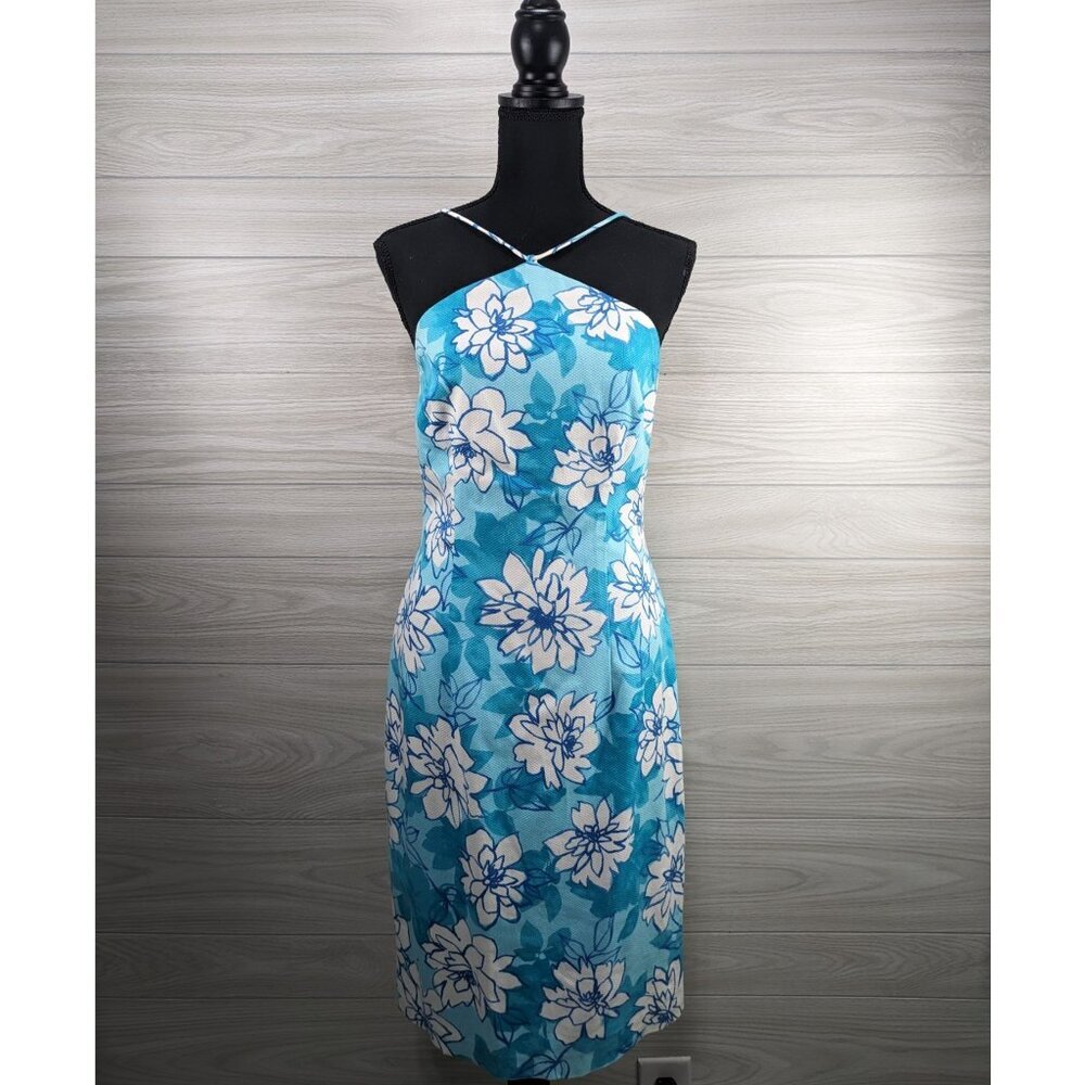 David Meister Teal Blue Floral Halter Tie Back Dress